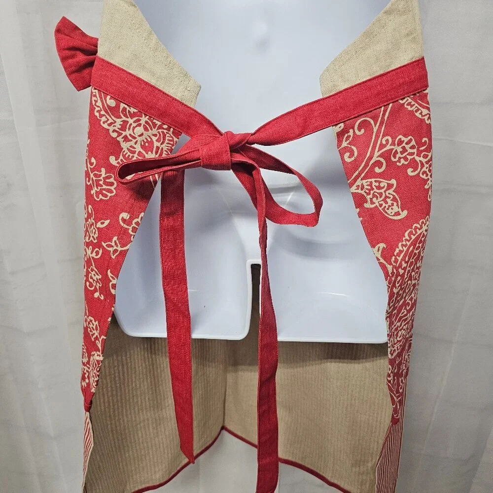 Jo Ann Fabric Tan Red Paisley Bow Apron Linen Blend Boho OSFA